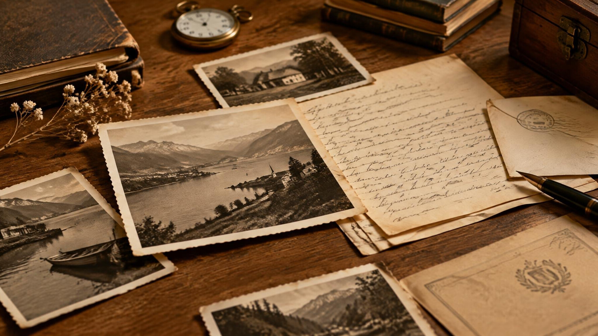 Old photographs and documents spread on a wooden table