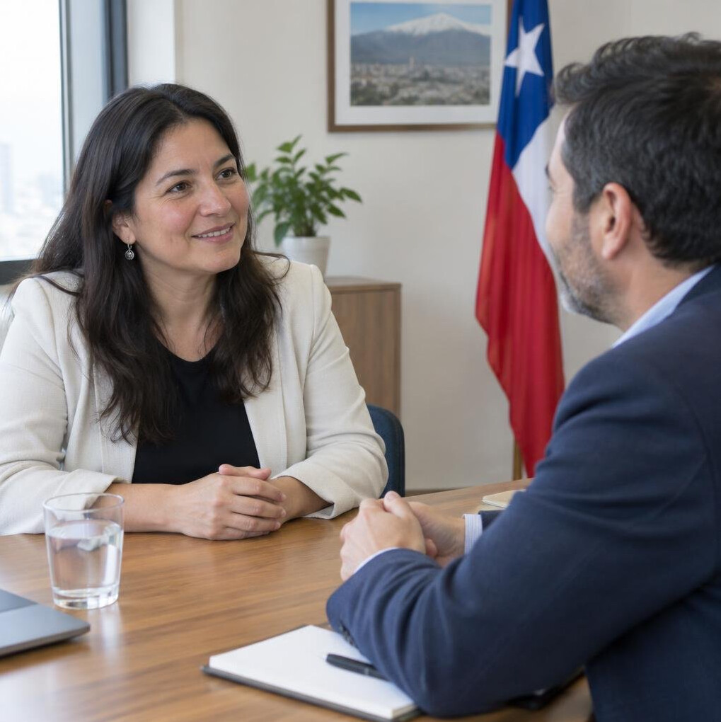 Two Chilean entrepreneurs talking during an interview in an office