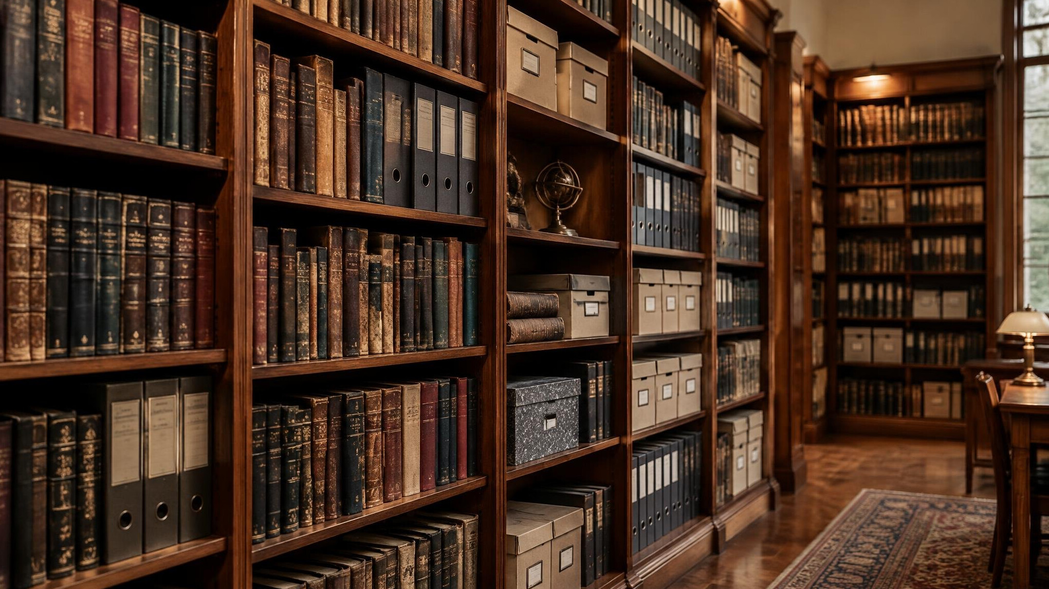 Rows of old books and binders on wooden library shelves