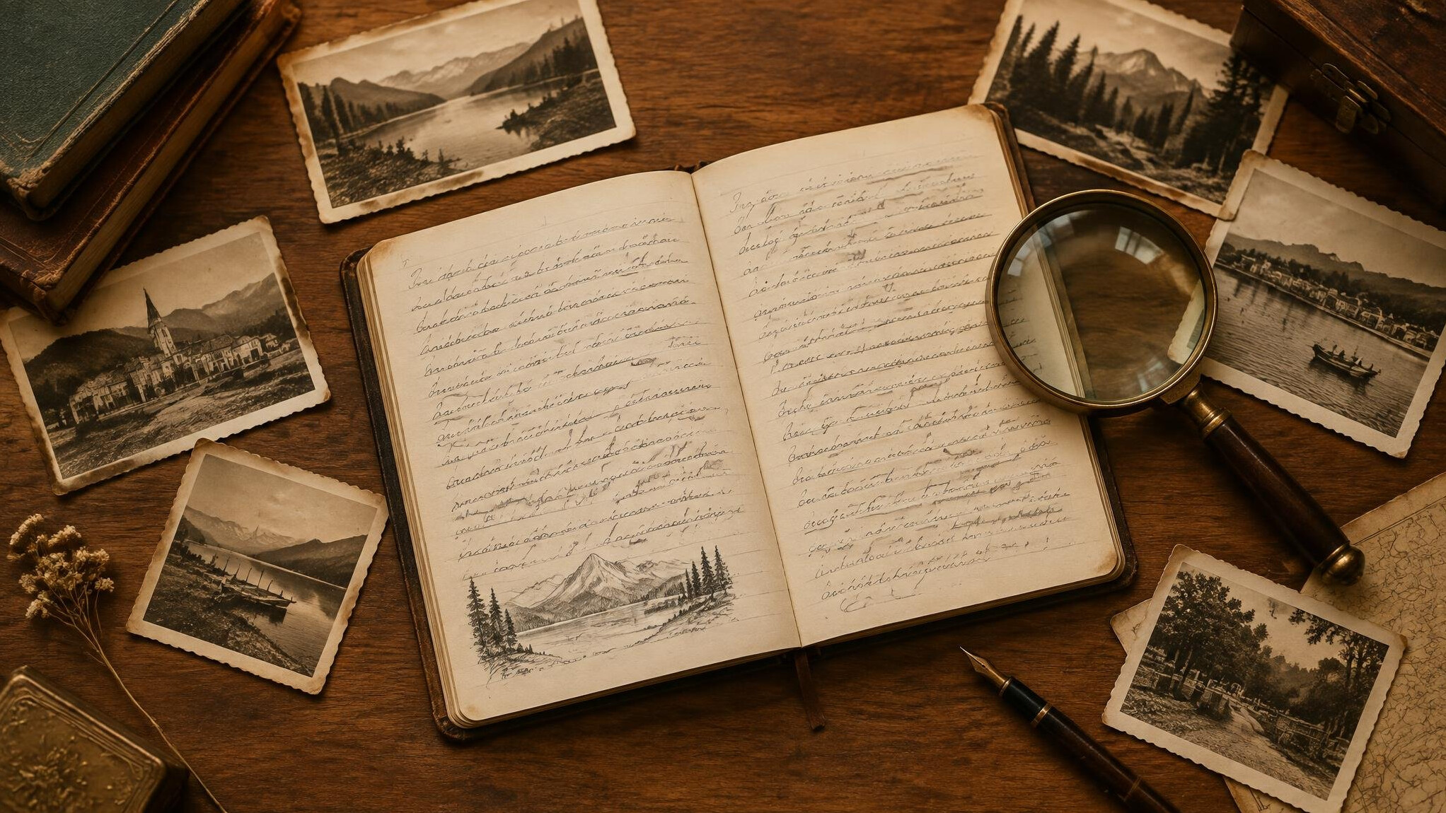 Open notebook with old photographs and a magnifying glass