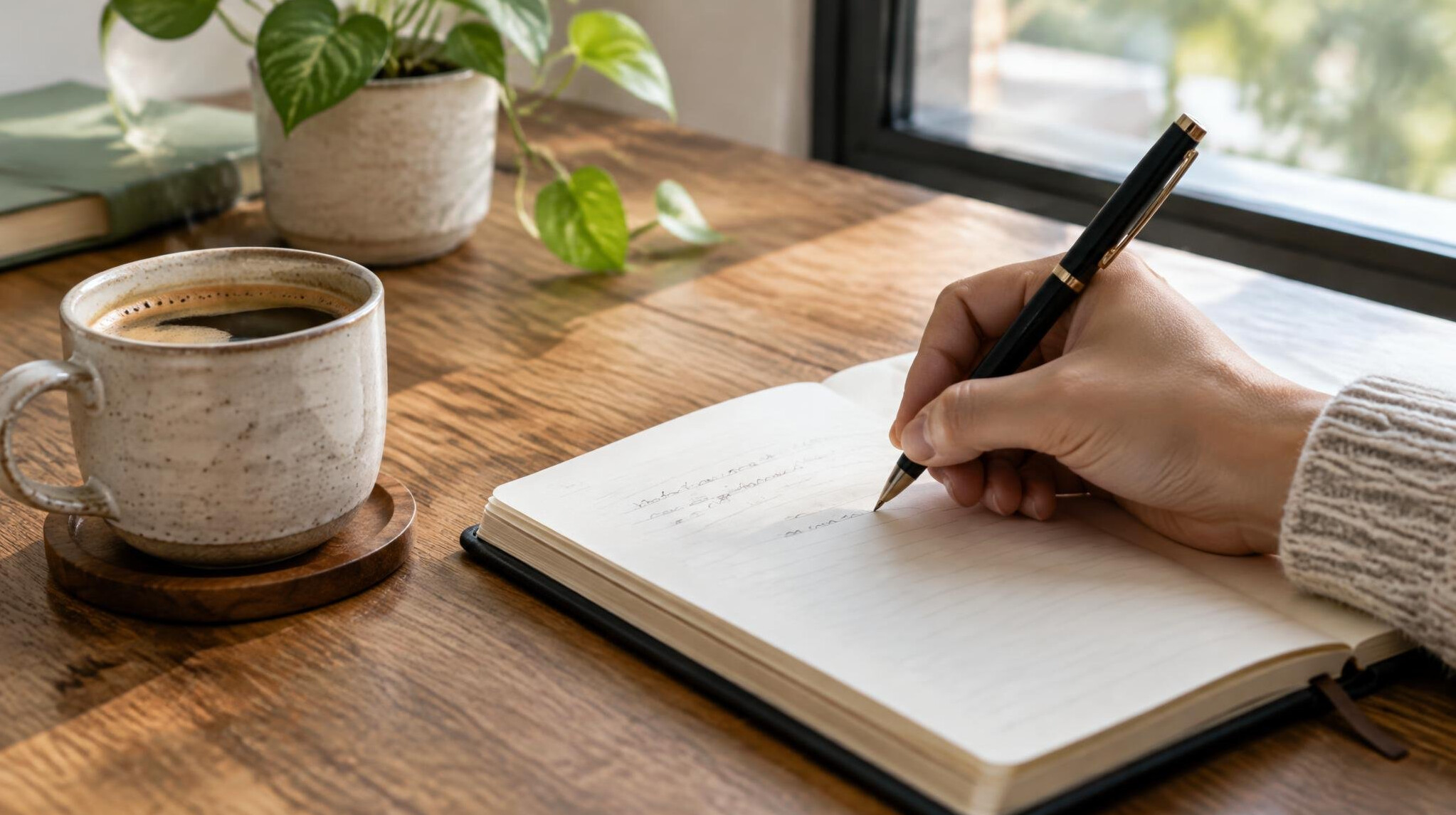 Hand writing notes in a notebook next to a cup of coffee